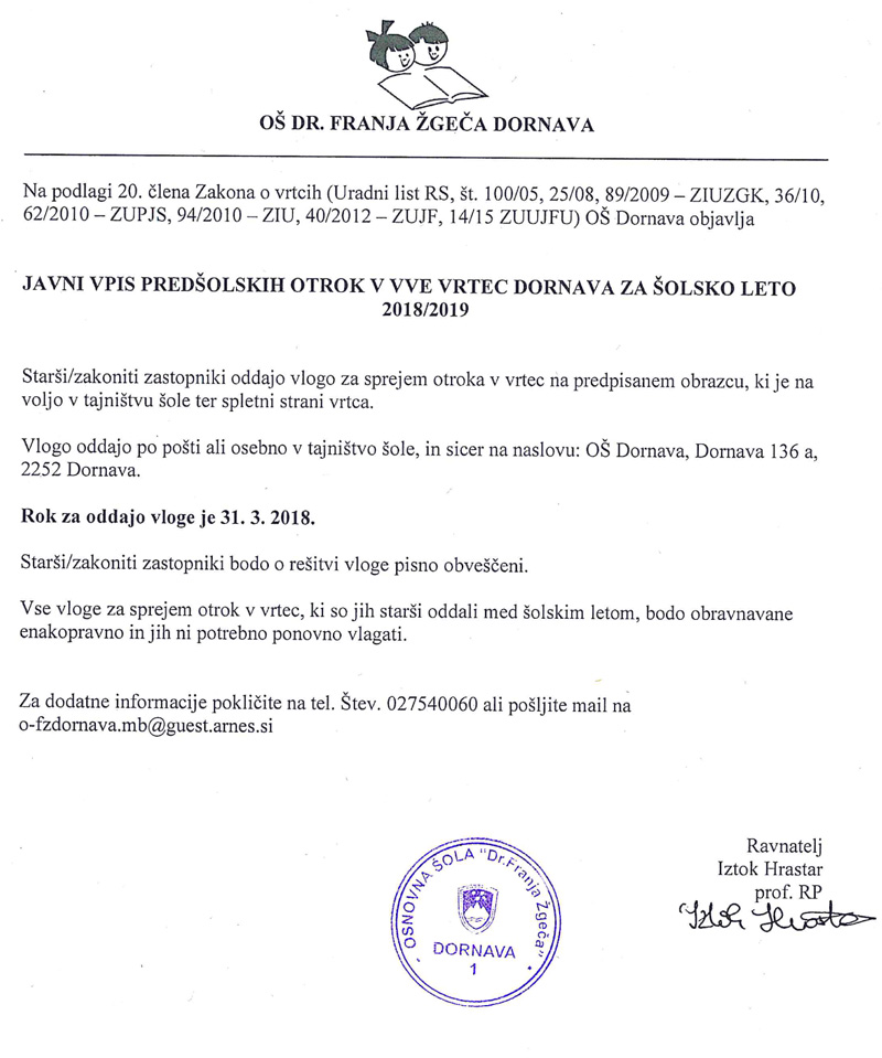Javni vpis predšolskih otrok v vve vrtec Dornava za šolsko leto 2018-2019